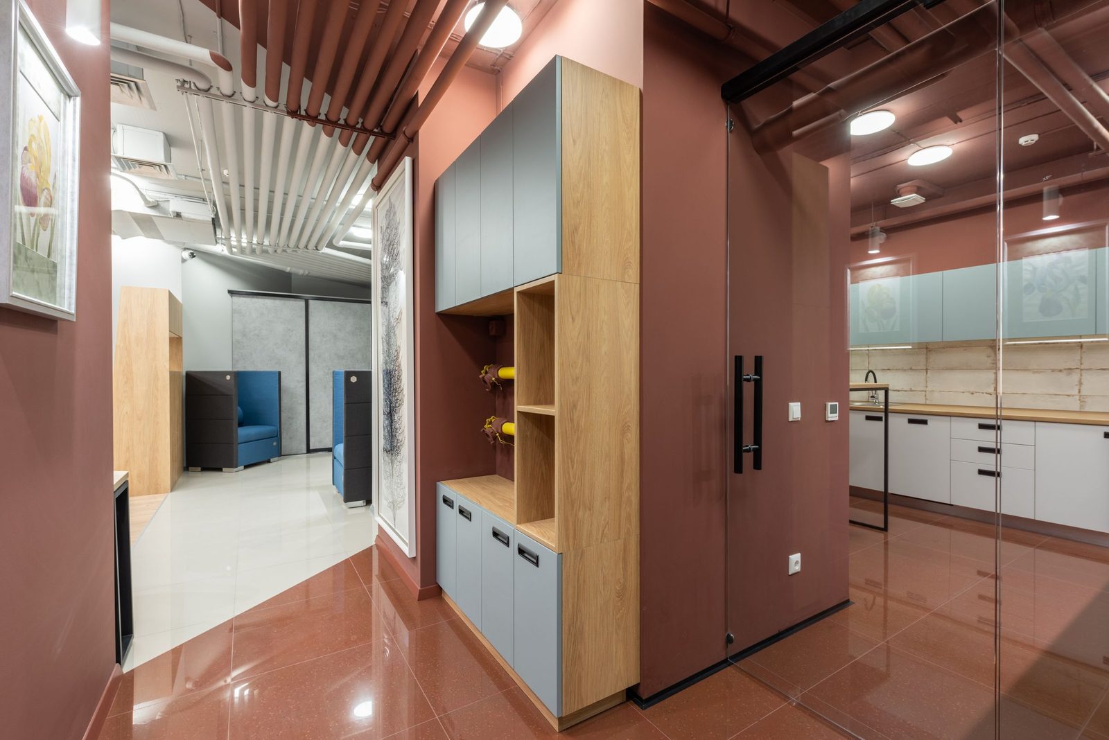 Commercial office kitchen with base and upper cabinets