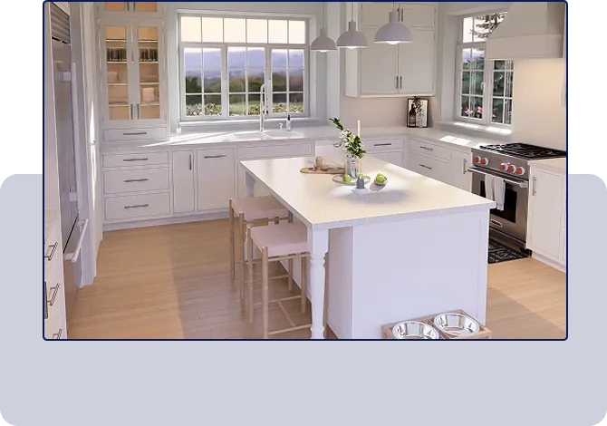  Photorealistic rendering of a white kitchen with an island 